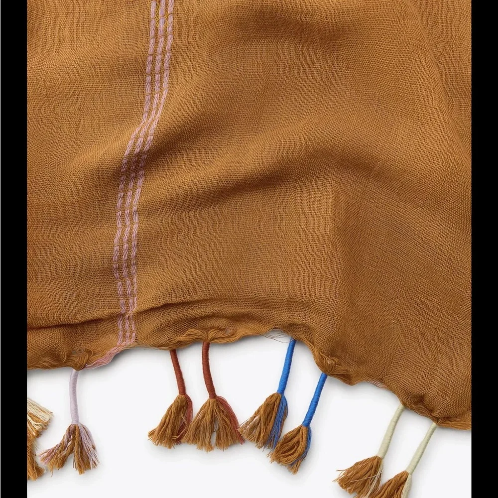 Zara striped linen scarf with pompoms, extra large sized 180 x 100 cm